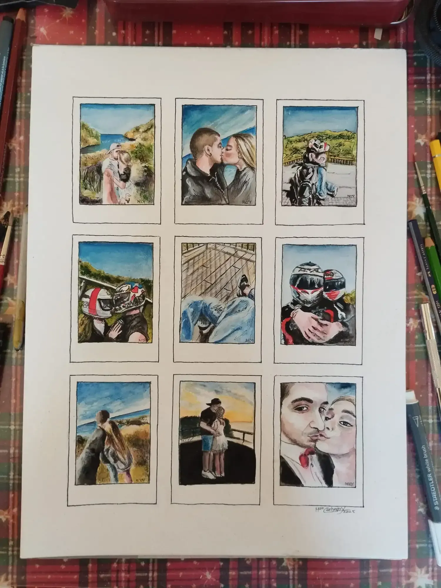 Collage de nueve fotografías con bocetos de viajes y retratos sobre una hoja blanca con un fondo rojo estampado.