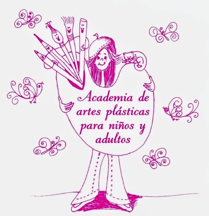 Logo rosa de academia de artes pl&aacute;sticas con figura caricaturesca y texto &ldquo;para ni&ntilde;os y adultos&rdquo;