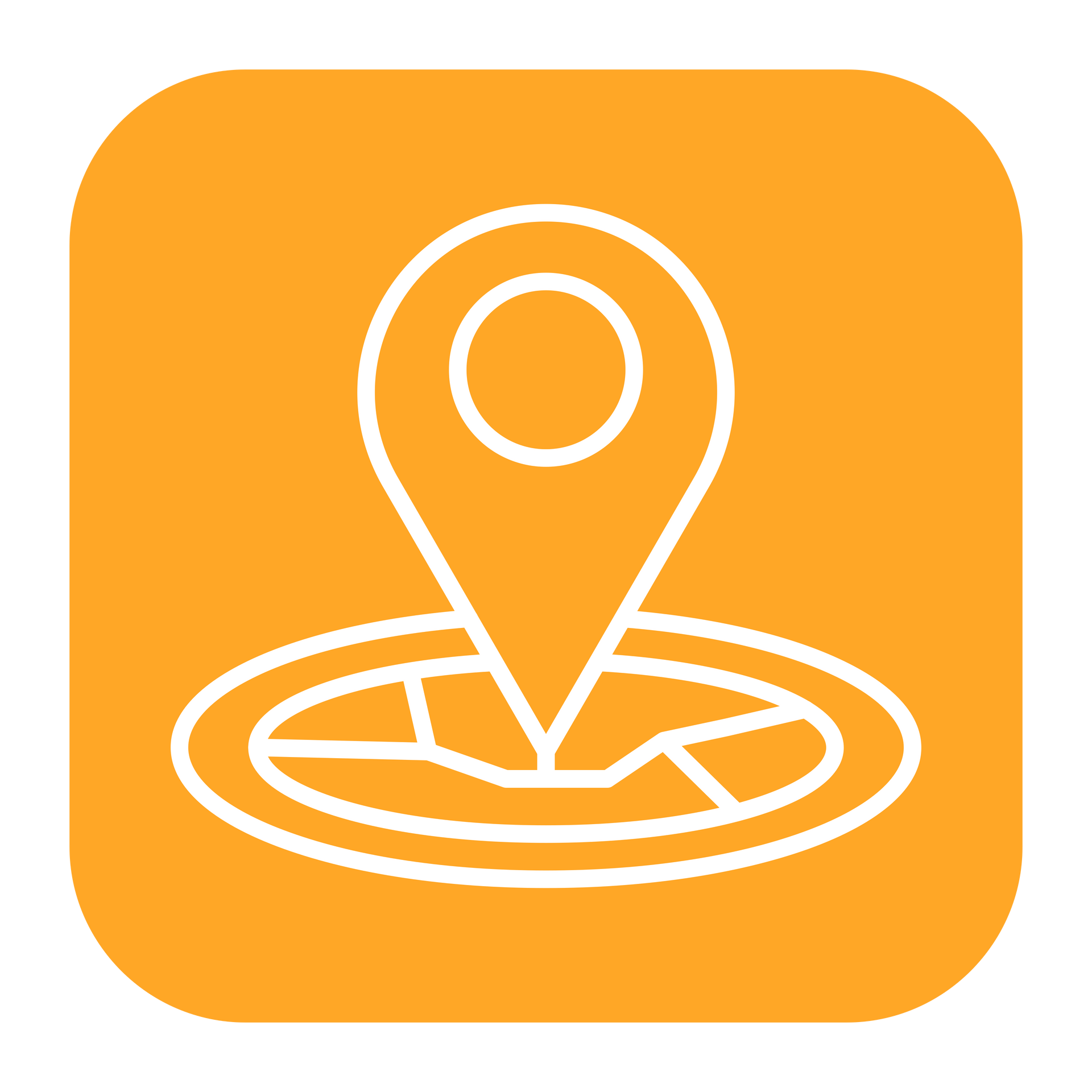 Épingle blanche de localisation sur une carte, sur fond de carré arrondi orange.