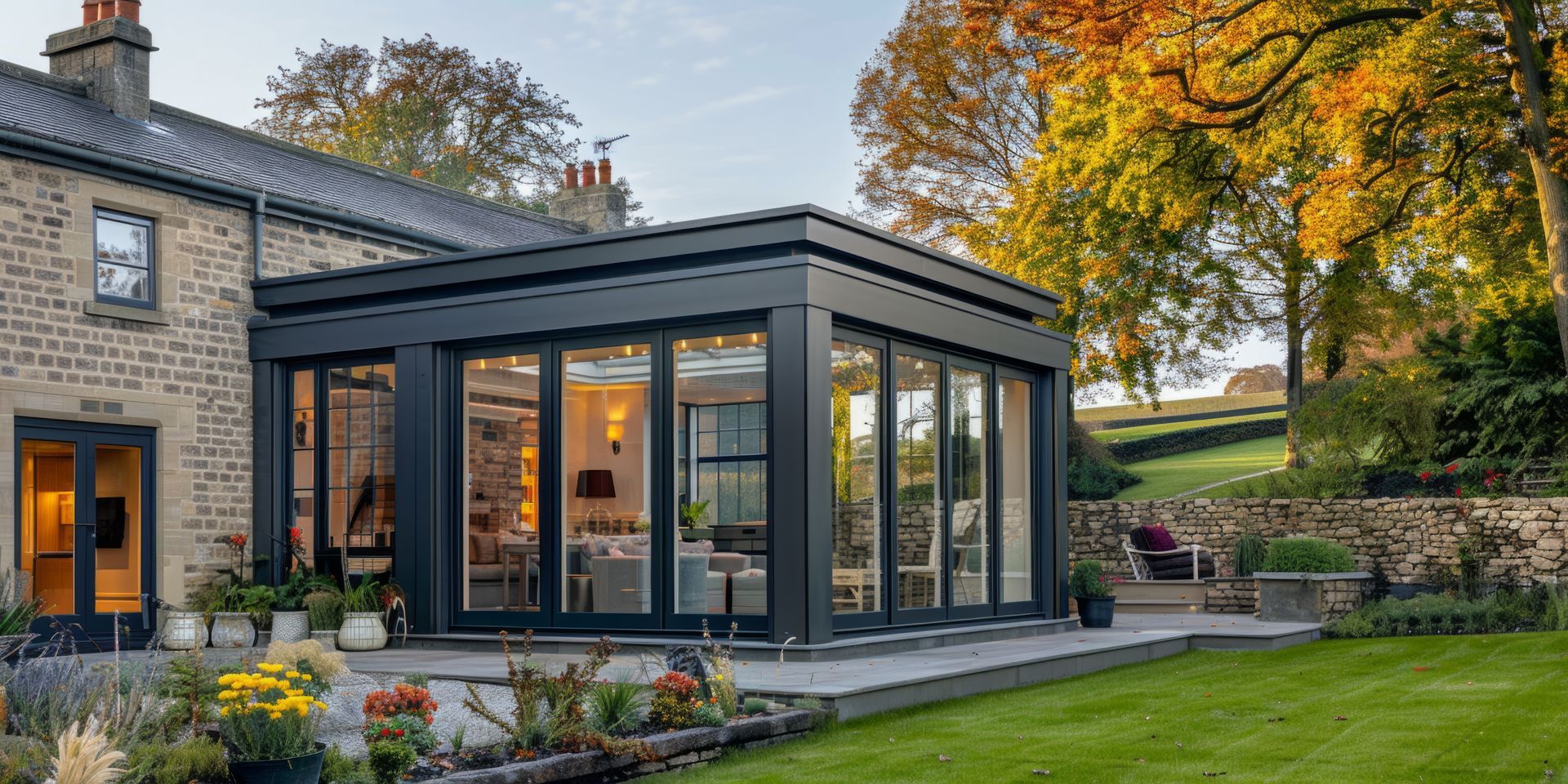 Maison moderne en pierre avec une véranda vitrée et un jardin paysager en automne