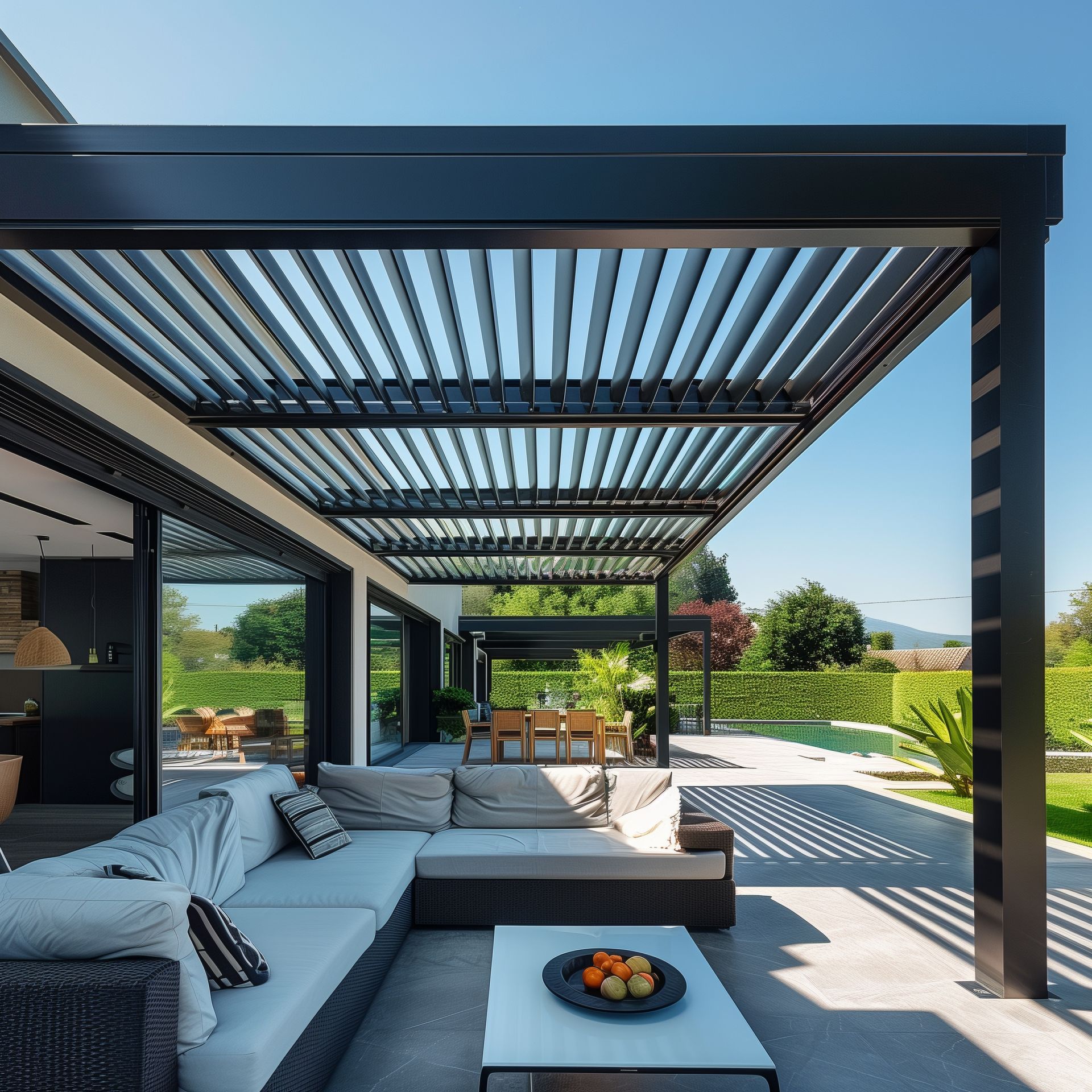 Terrasse moderne avec canapé d'angle gris sous une pergola à claire-voie, donnant sur un jardin ensoleillé et une piscine