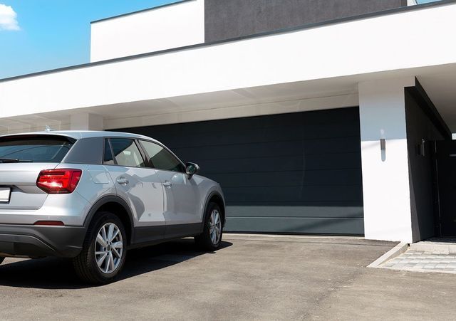 SUV argenté garé devant une maison moderne avec porte de garage fermée