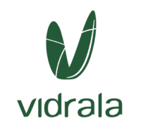 Un logotipo para Vidrala con una hoja verde sobre un fondo blanco.