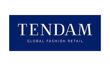 El logotipo de Tendam Global Fashion Retail es azul y blanco.