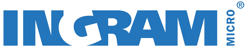 Un logotipo azul de Ingram Micro sobre un fondo blanco