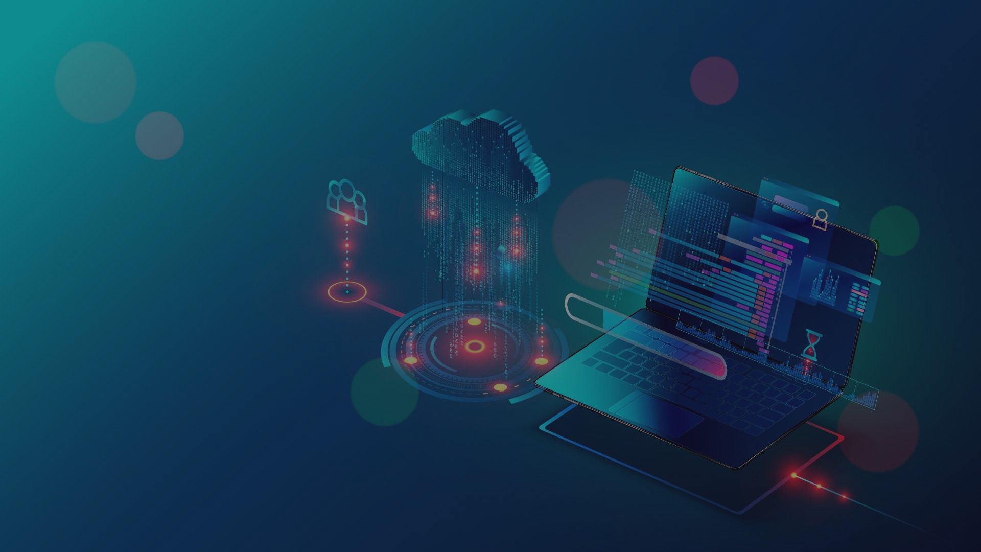 Una computadora portátil está sobre una mesa al lado de una nube.