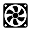 Un icono en blanco y negro de un ventilador sobre un fondo blanco.