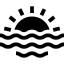 Un icono en blanco y negro de una puesta de sol sobre el océano.