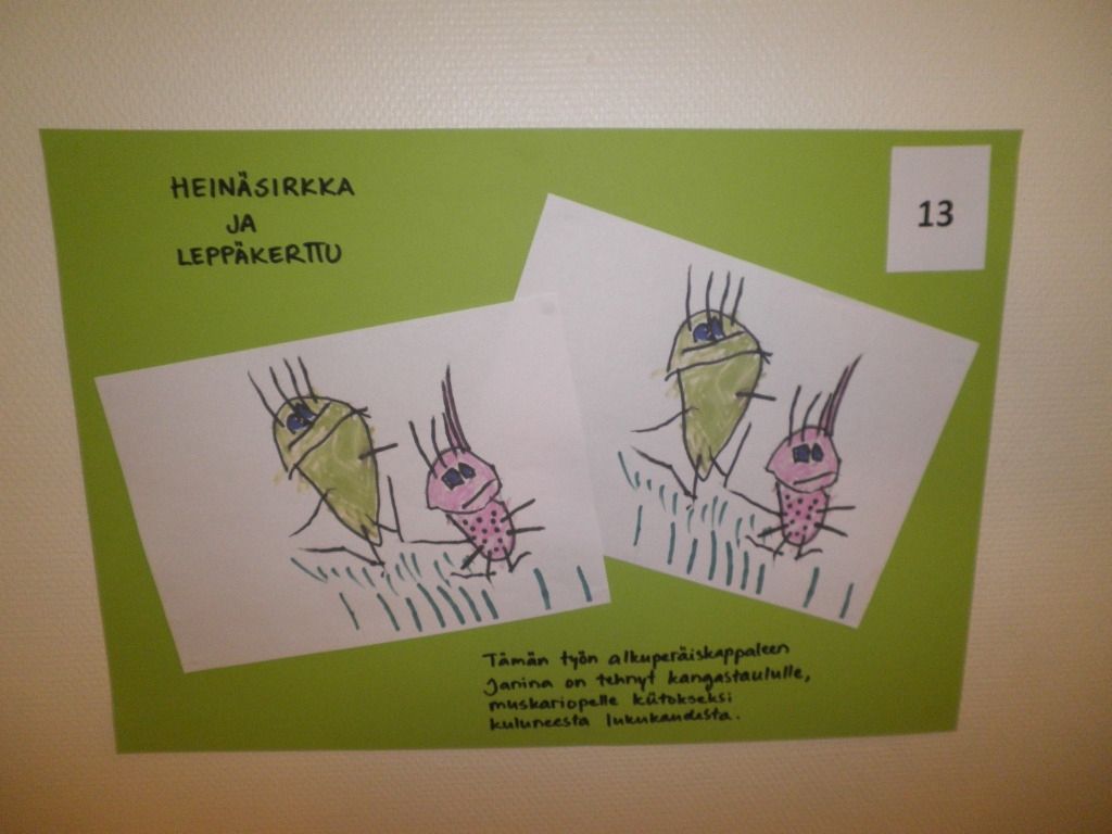Heinäsirkka ja leppäkerttu -piirustus