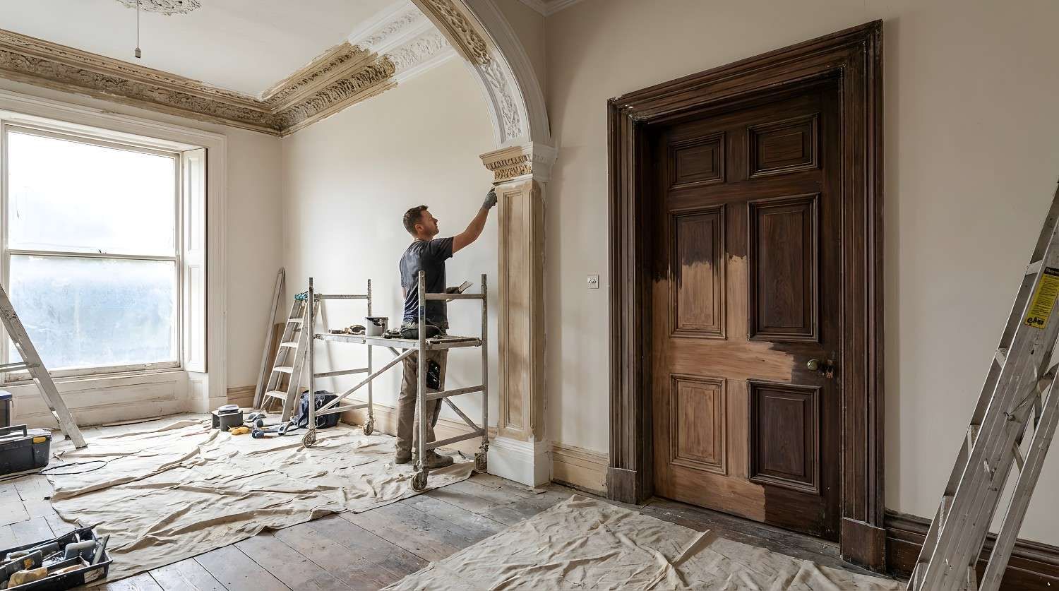 Una persona pinta detalles arquitectónicos en una habitación durante una reforma. Se ven la puerta, la ventana y el andamio antiguos.