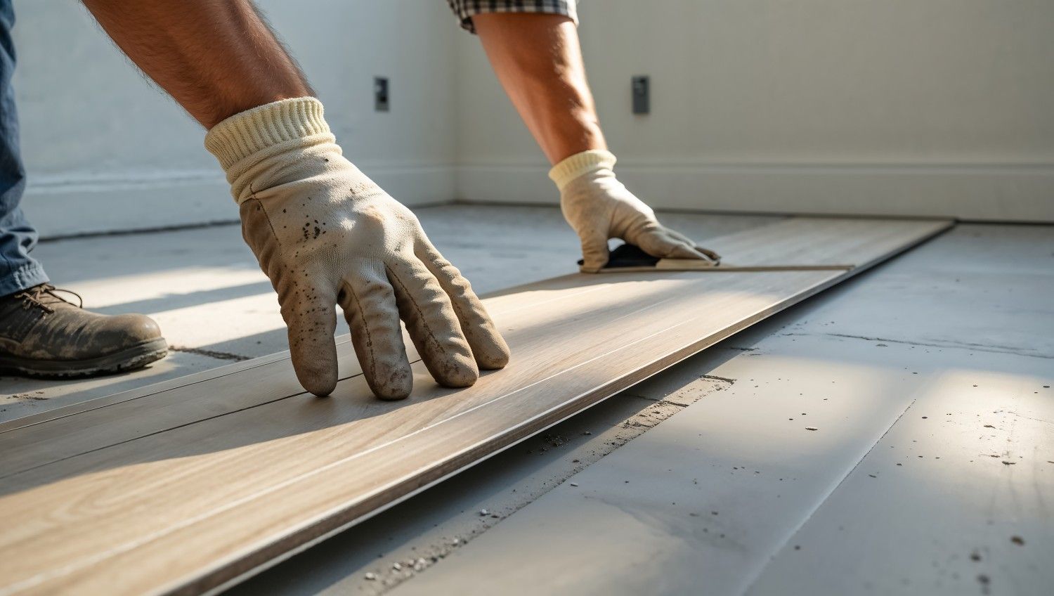 Persona instalando suelo con aspecto de madera, con guantes, en una habitación con paredes y zócalos blancos.
