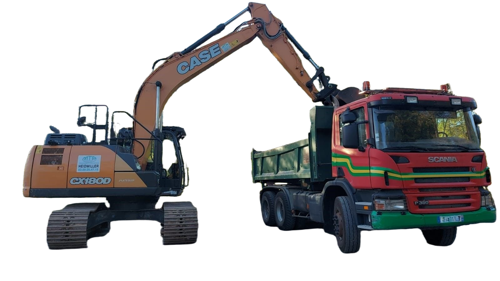 Un camion-benne et une pelleteuse.