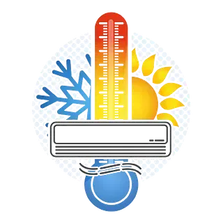 Una imagen de un termómetro, aire acondicionado, sol y copo de nieve.