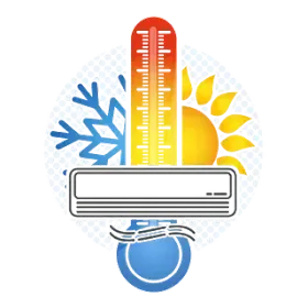 Una imagen de un termómetro, aire acondicionado, sol y copo de nieve.