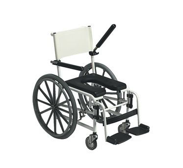 Una silla de ruedas con un asiento de inodoro acoplado a ella sobre un fondo blanco.