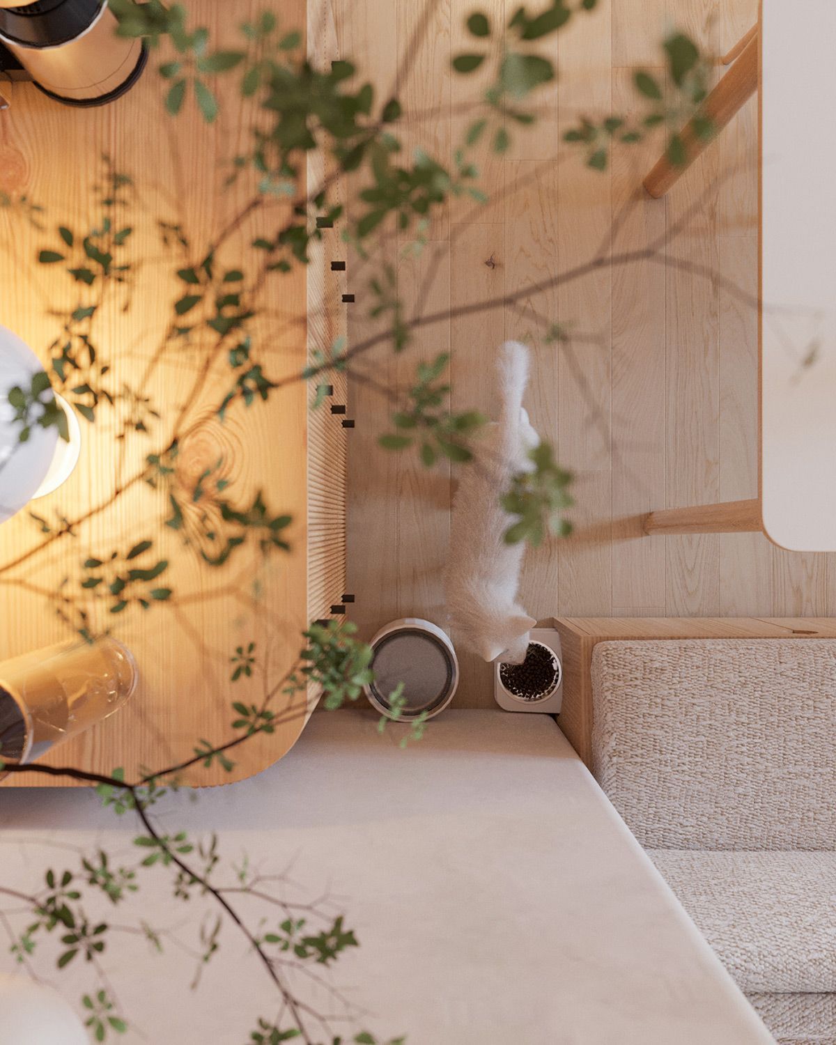 Espace de réception avec éclairage vert et blanc, mur vert foncé décoré et bureau blanc.