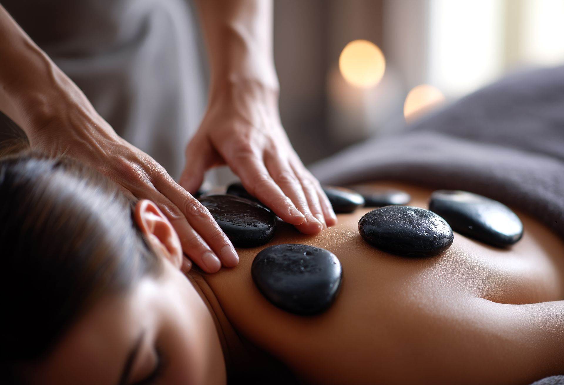 Un rouleau de massage, un bol chantant et une œuvre d'art murale décorative sur un mur bleu.