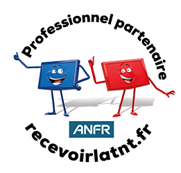 Deux cubes de dessin animé souriants, bleus et rouges, avec des bras et des jambes, faisant la promotion des services ANFR.