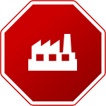 Panneau octogonal rouge avec une icône d'usine blanche.
