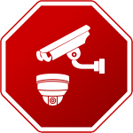 Panneau octogonal rouge avec icônes blanches de caméras de surveillance.