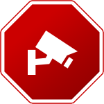 Panneau octogonal rouge avec icône blanche de caméra de sécurité.