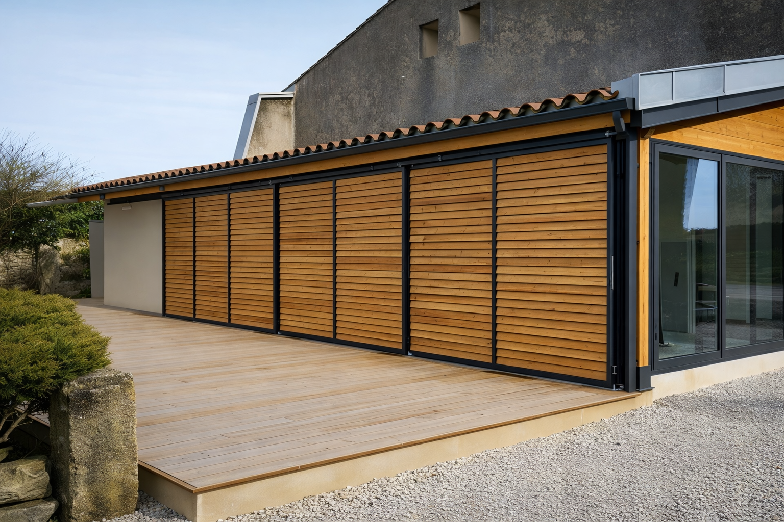 Volets horizontaux en bois sur la façade d'un bâtiment, offrant de l'ombre.
