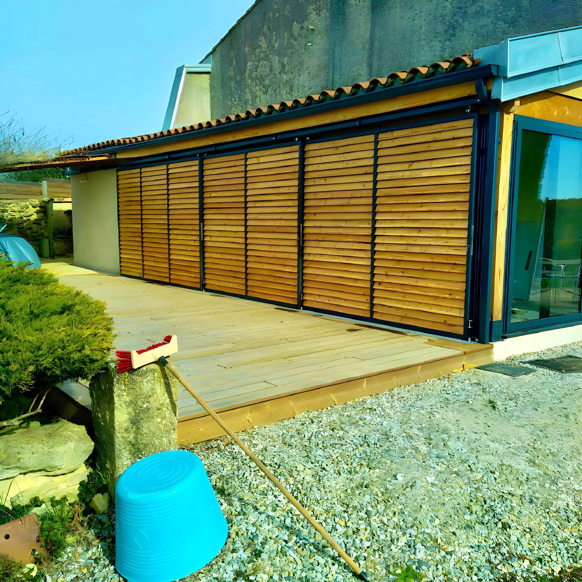 Volets coulissants suspendus en acier avec lames en bois style persienne