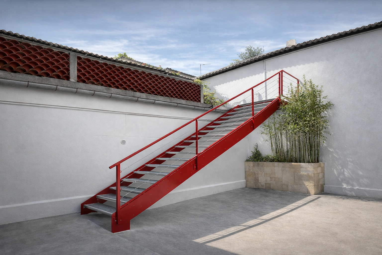 Escalier en métal rouge contre un mur blanc, avec une rambarde en câbles, menant vers l'étage.