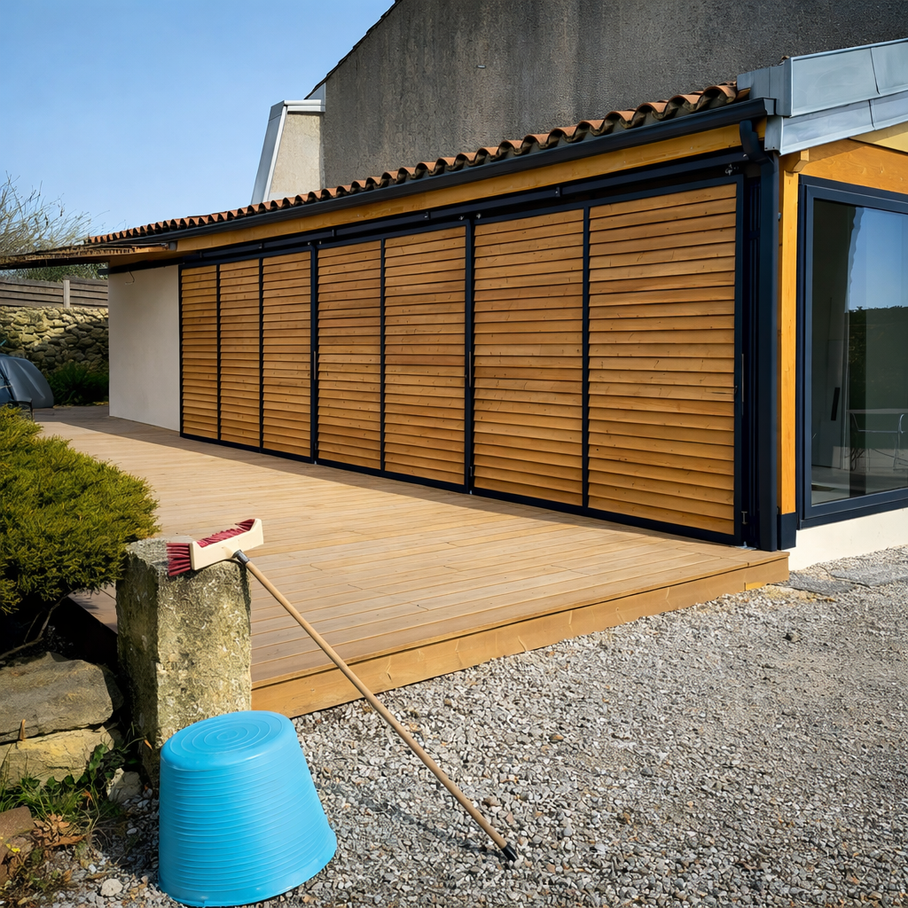 Volets coulissants suspendus en acier avec lames en bois style persienne