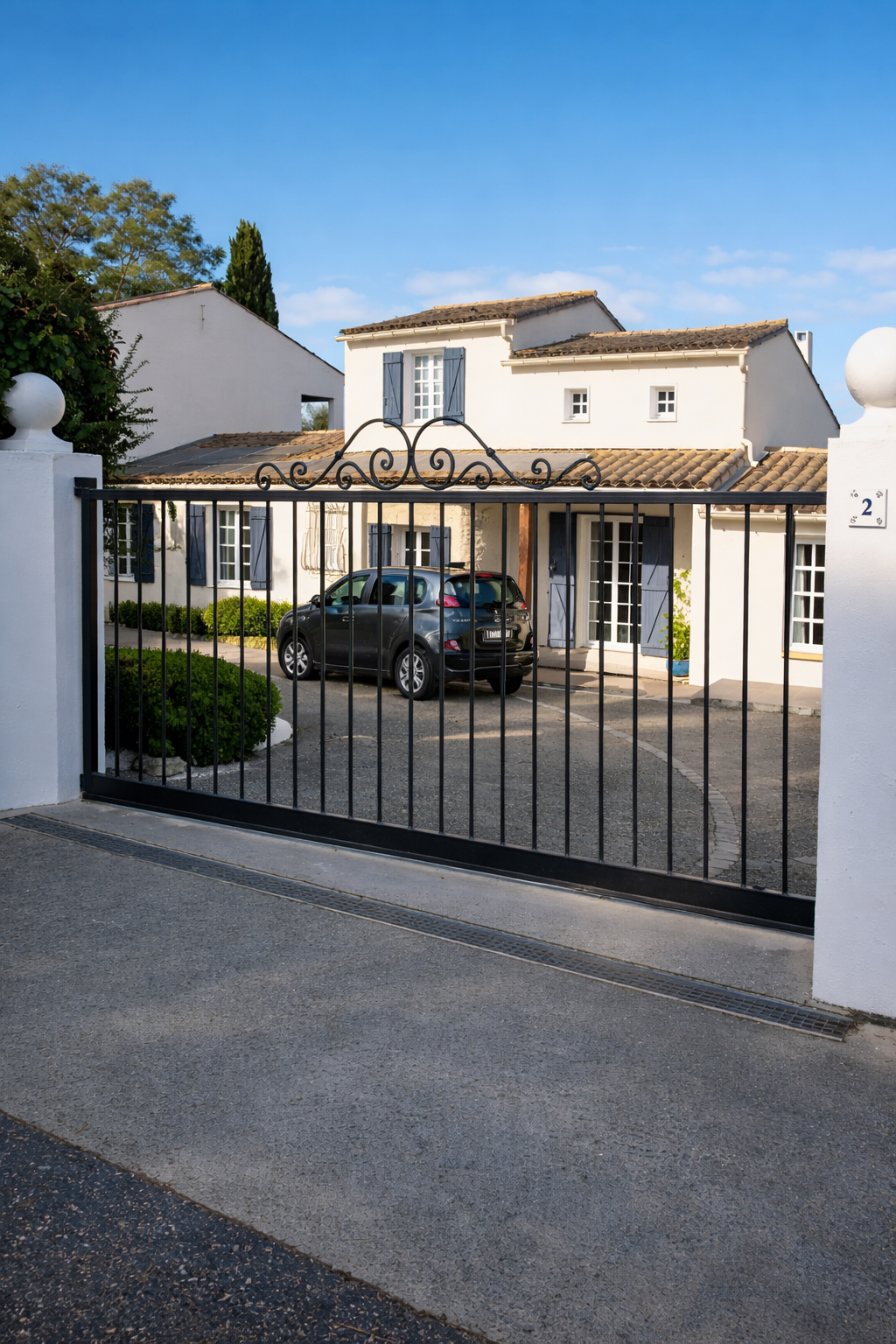 Portail en métal noir avec partie supérieure avec des volutes en fer forgé et barreaux verticaux, placé entre des piliers en béton.