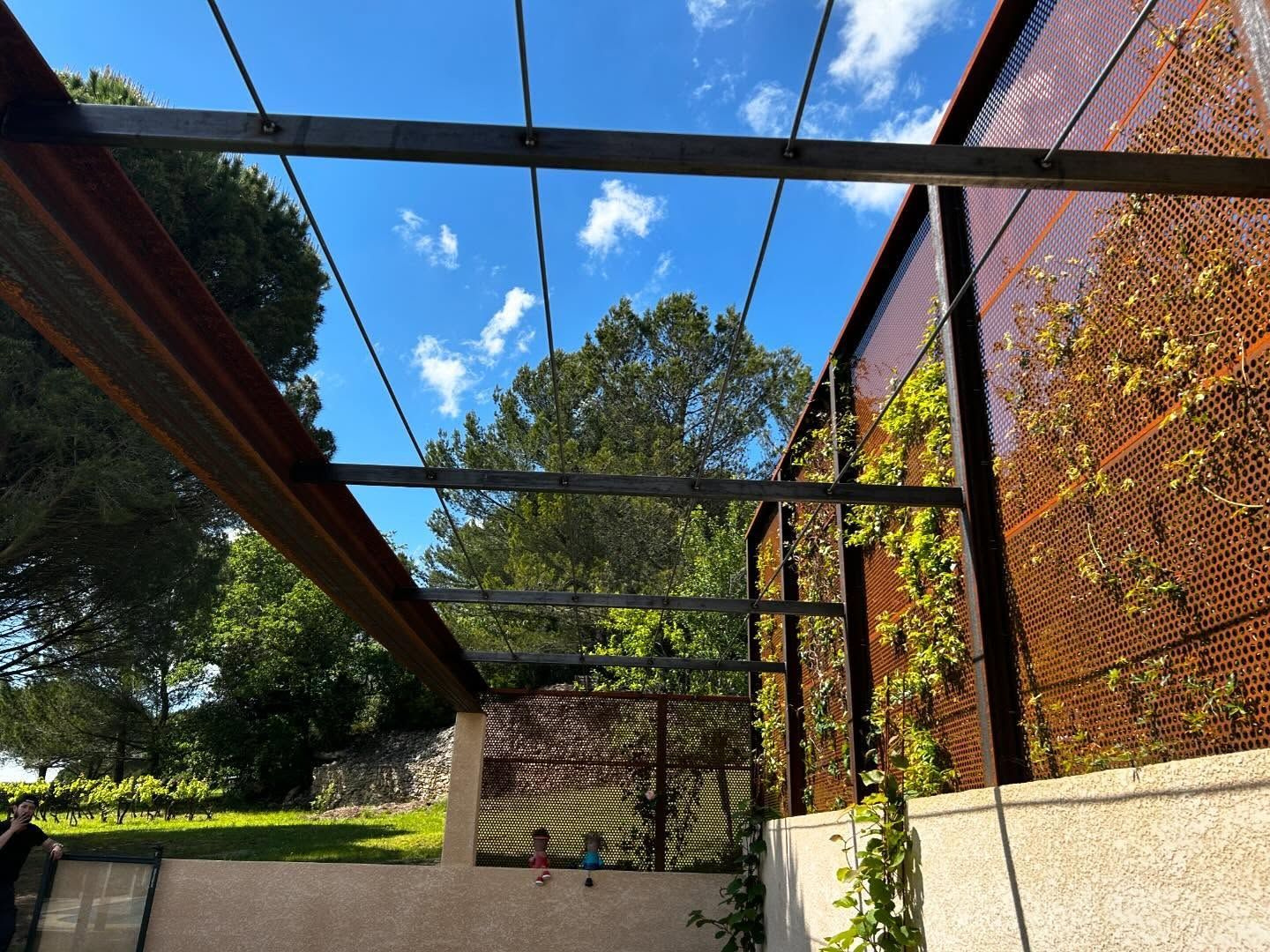 Pergola avec grillage métallique rouillé et plantes grimpantes sur fond de ciel bleu.