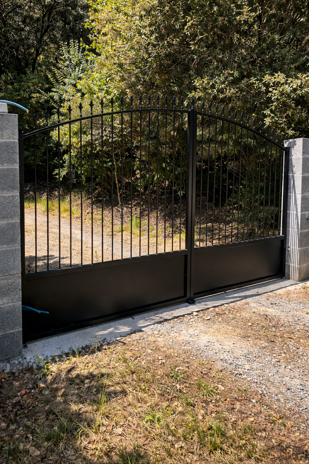 Un portail en métal noir, encadré de piliers en béton, s'ouvre sur un chemin de terre bordé d'arbres.