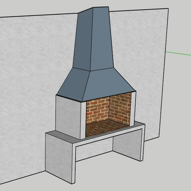 Cheminée extérieure en briques avec socle en béton et conduit de cheminée, adossée à un mur gris.