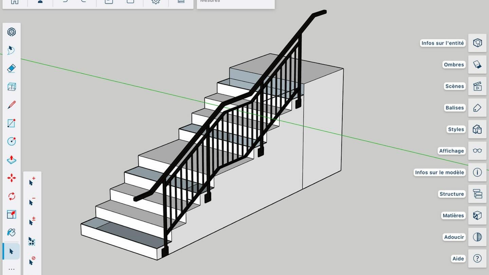 Modèle 3D d'un escalier avec une rampe noire, se détachant sur un fond gris.