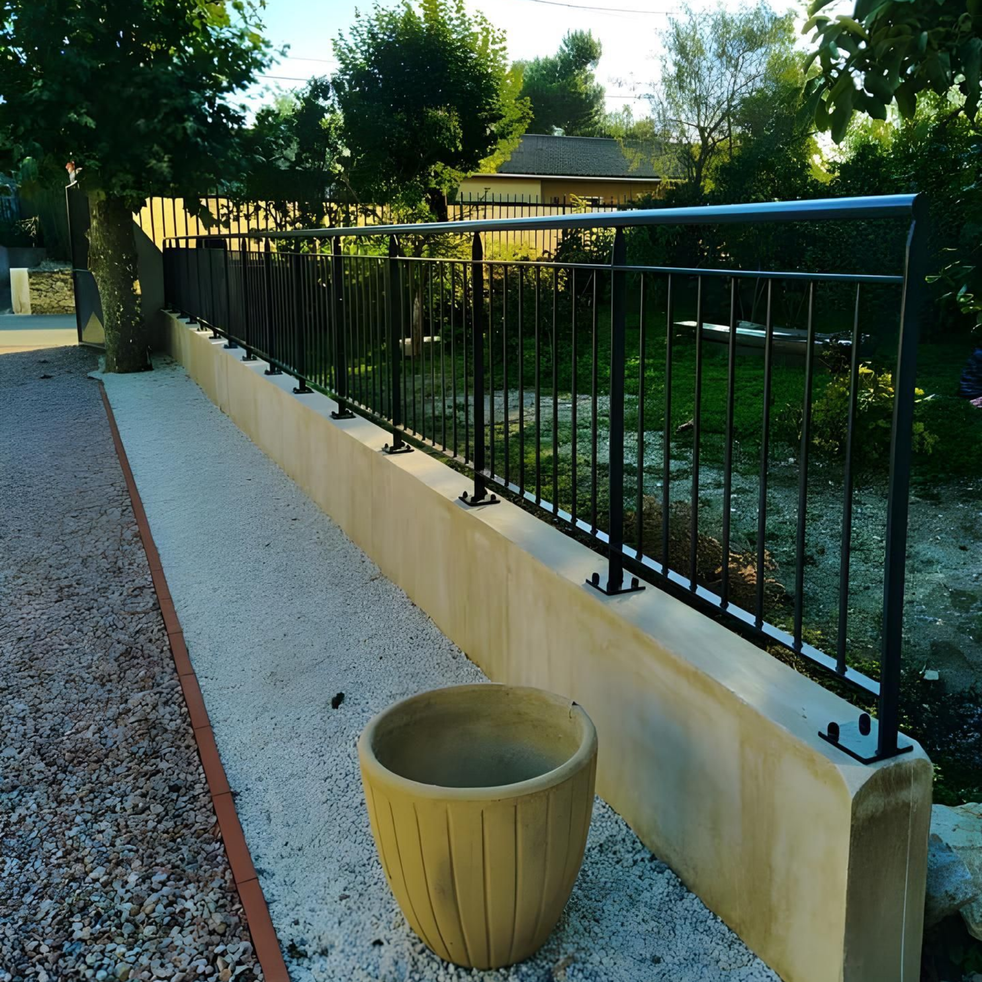 Clôture en métal noir sur un muret beige le long d'un chemin de gravier, avec un arbre et un grand pot.