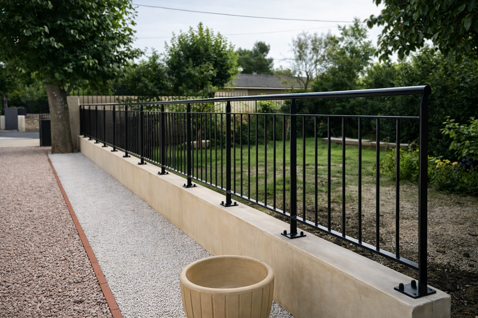 Clôture en métal noir sur un muret beige le long d'un chemin de gravier, avec un arbre et un grand pot.