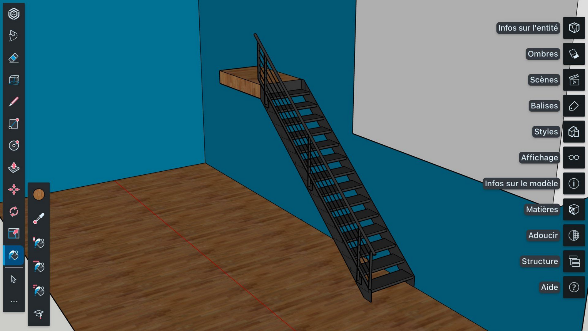 Rendu numérique d'un escalier métallique fixé à un mur dans une pièce avec parquet et murs bleus/gris.