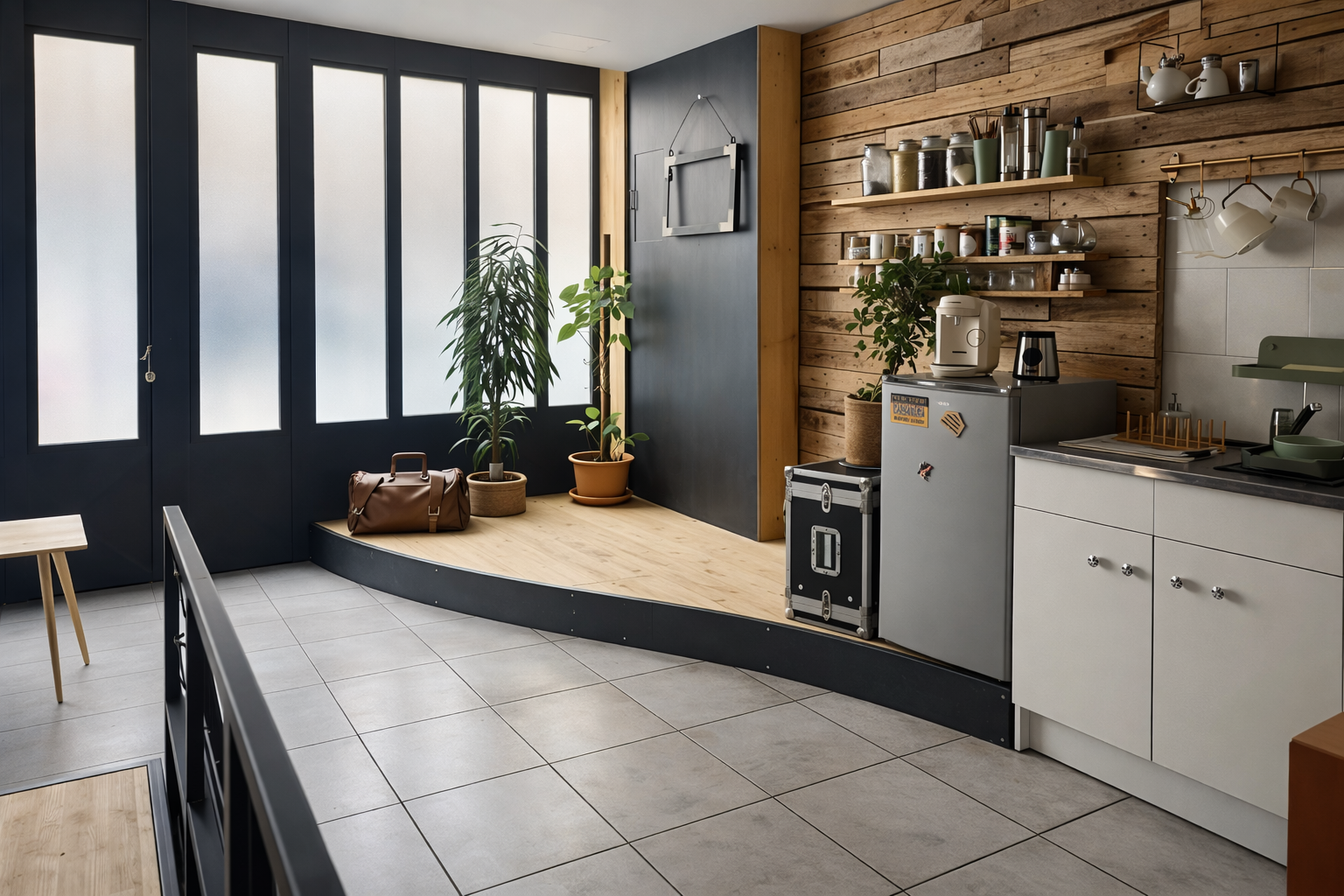 Intérieur de loft, mur en métal, fenêtres et conduits d'aération apparents.