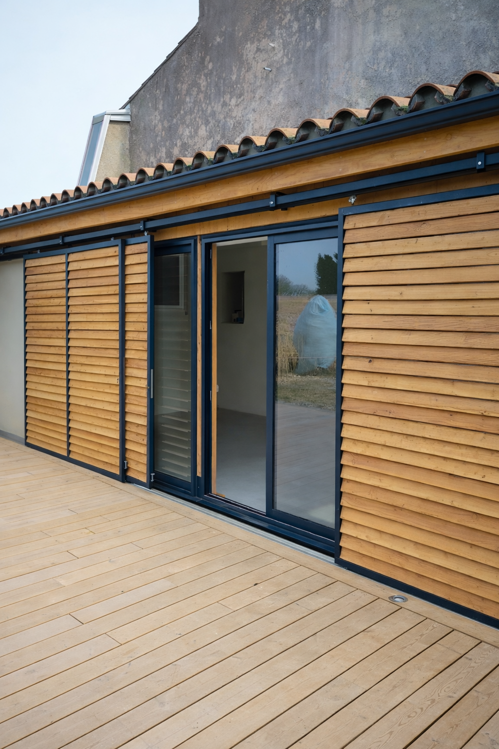 Extérieur d'un bâtiment avec bardage en bois et portes coulissantes ; les lattes de bois sont réglables.