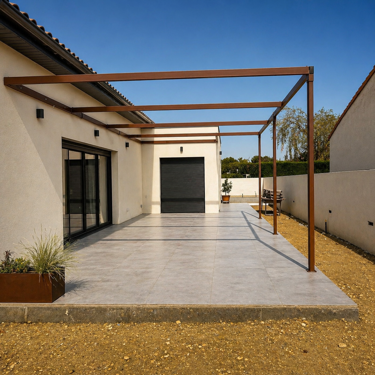 Tonnelle métallique sur mesure installée à Toulouse et Castelnaudary pour créer une terrasse extérieure moderne, ouverte et résistante aux intempéries