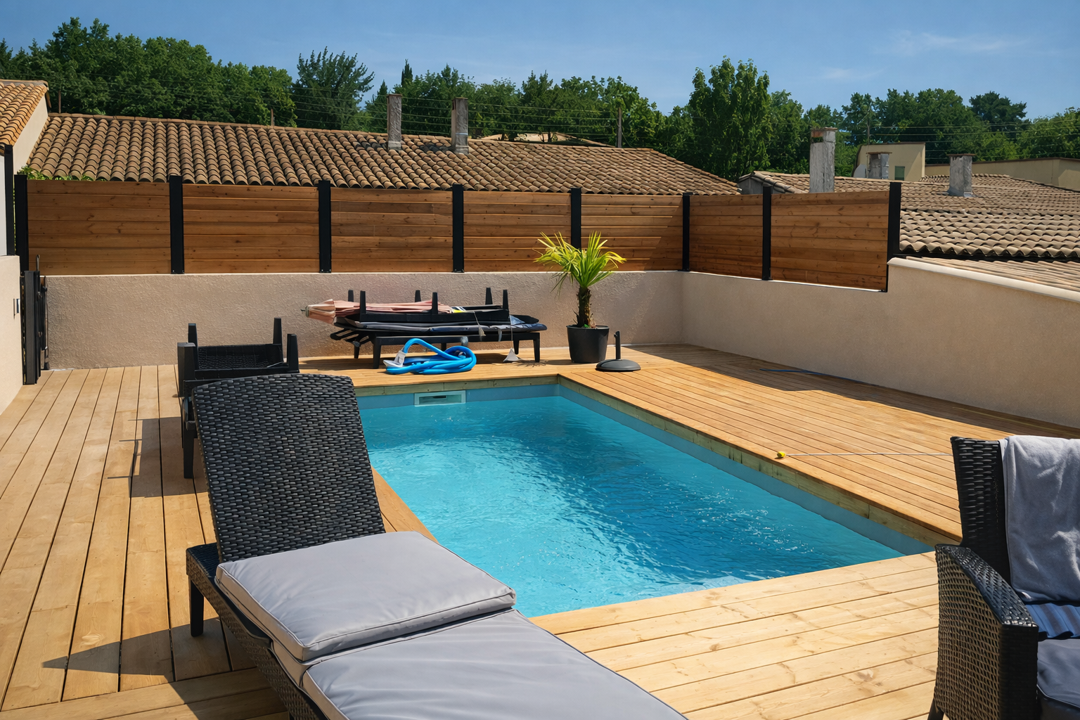 Clôture métallique avec remplissage en bois style persienne avec une piscine.