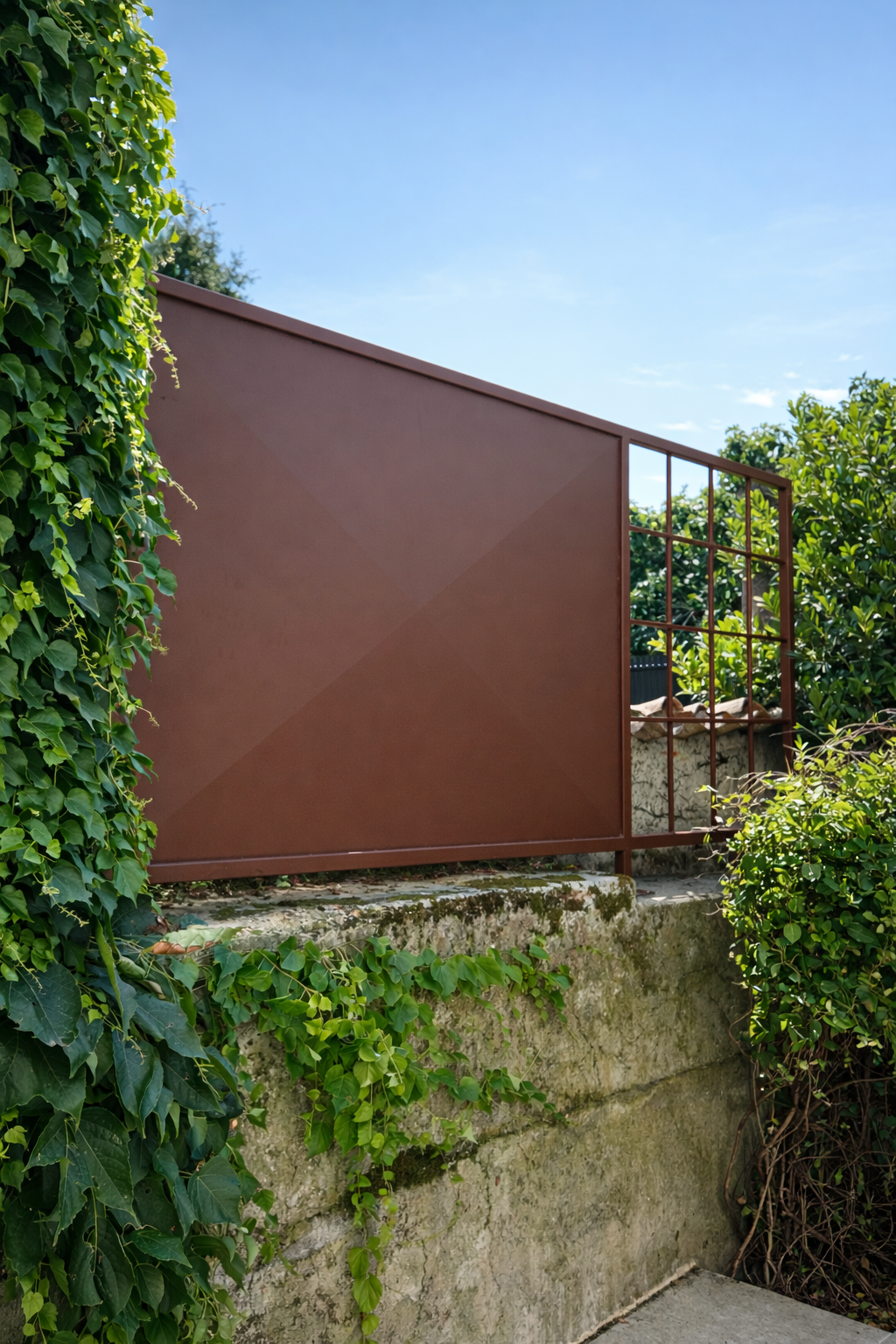 Portail et balustrade en métal brun au sommet d'un mur de pierre, recouverts d'un lierre et d'un feuillage d'un vert luxuriant.