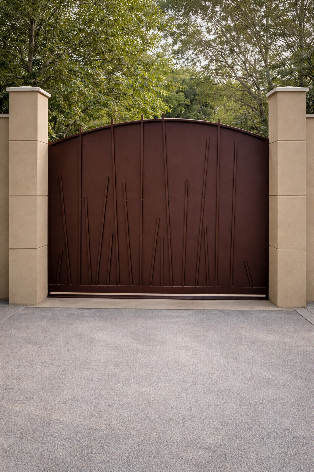 Portail en métal brun orné de lignes verticales abstraites, placé entre des piliers en béton beige, devant des arbres.