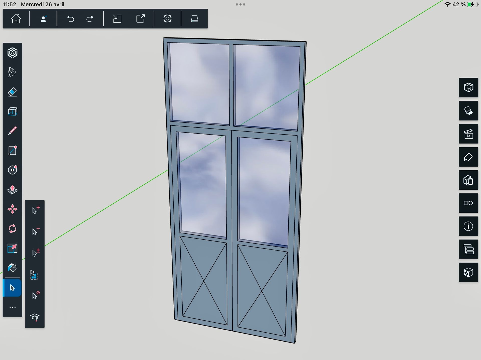Représentation sur logiciel d’une verrière avec deux battants gris anthracite.