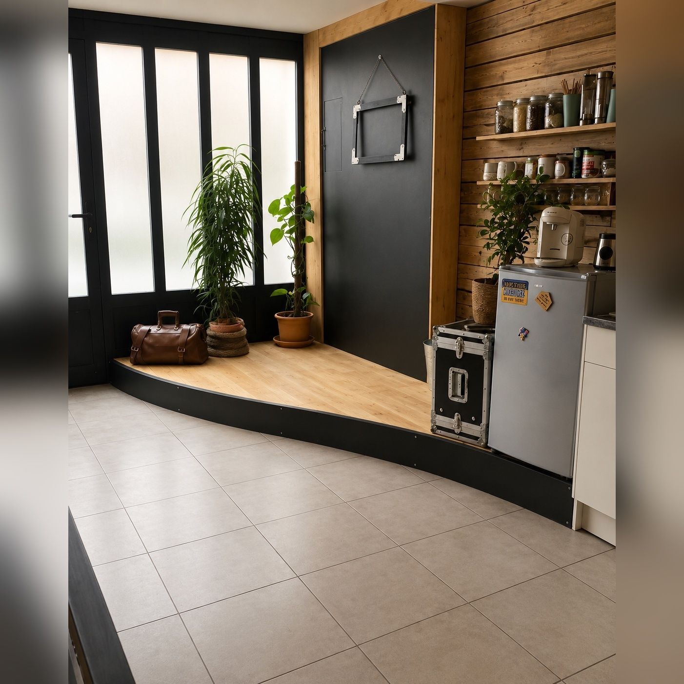 Aménagement intérieur avec verrière métallique noire sur mesure réalisé près de Toulouse