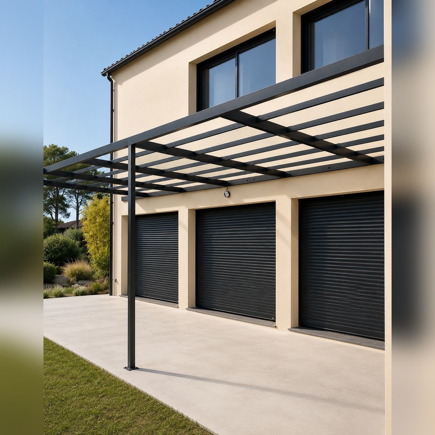 Pergola métallique minimaliste adossée à une maison contemporaine réalisée à Carcassonne et Narbonne pour créer un espace extérieur moderne et fonctionnel