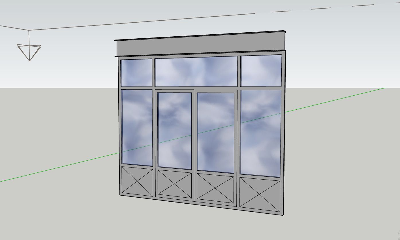Représentation d’une verrière en acier avec des portes grises.
