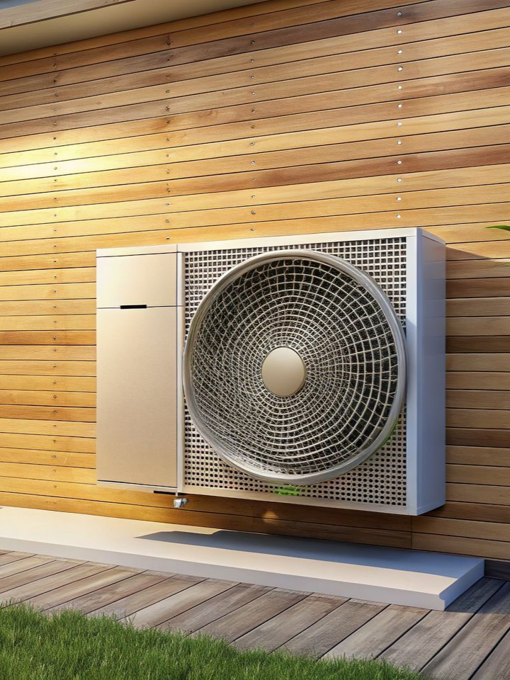 Pompe à chaleur montée sur la façade en bois d'un bâtiment, avec un grand ventilateur et une plateforme.