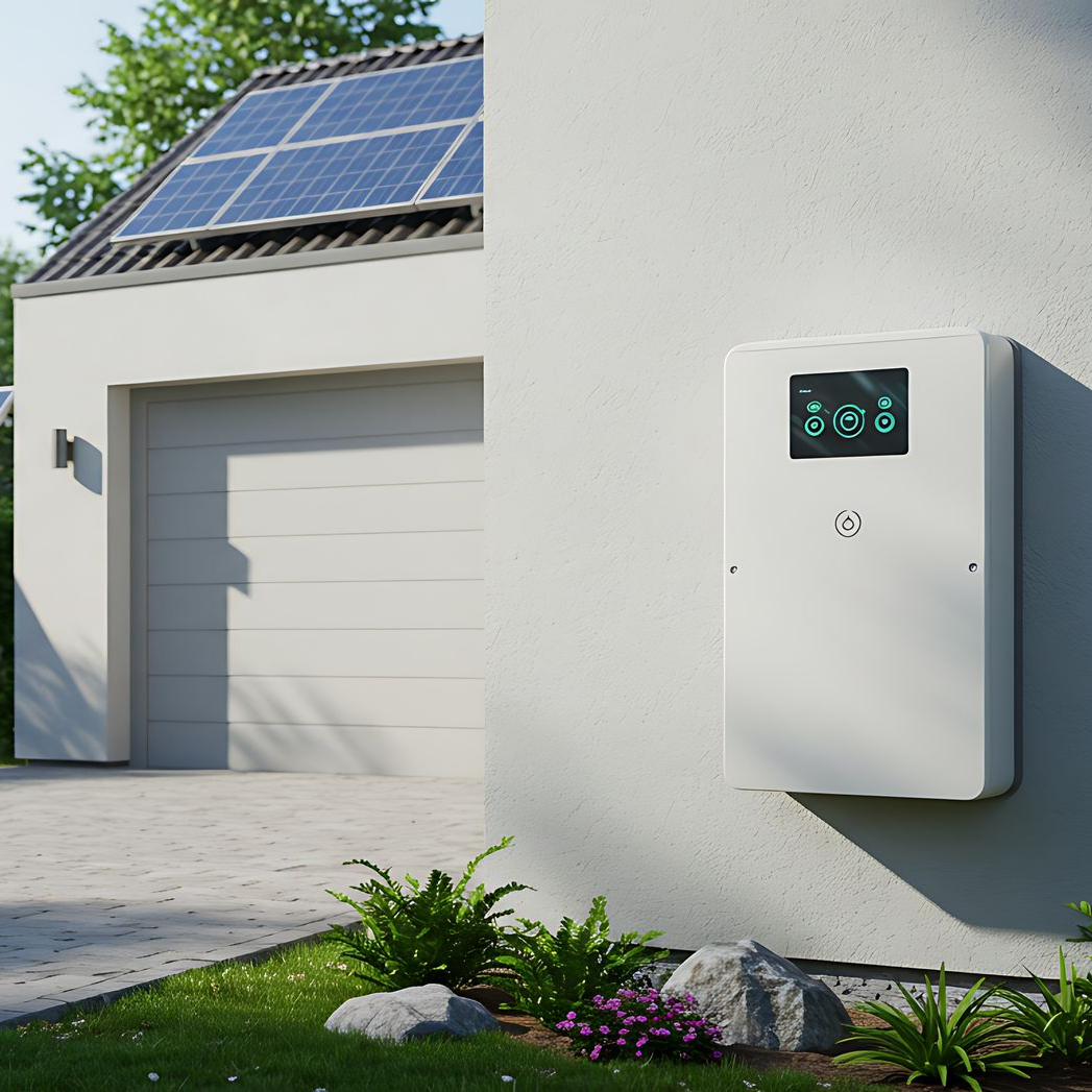 Unité de stockage d'énergie par batterie blanche fixée sur le mur d'une maison blanche, à côté d'un garage ; panneaux solaires sur le toit.