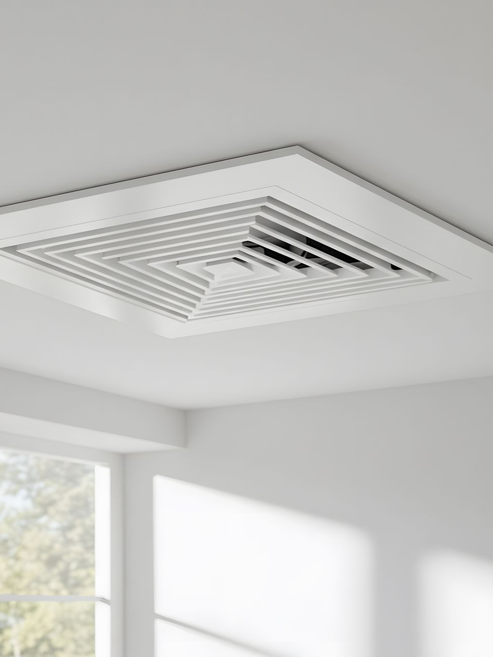 Grille d'aération de plafond blanche, de forme carrée et à plusieurs niveaux.